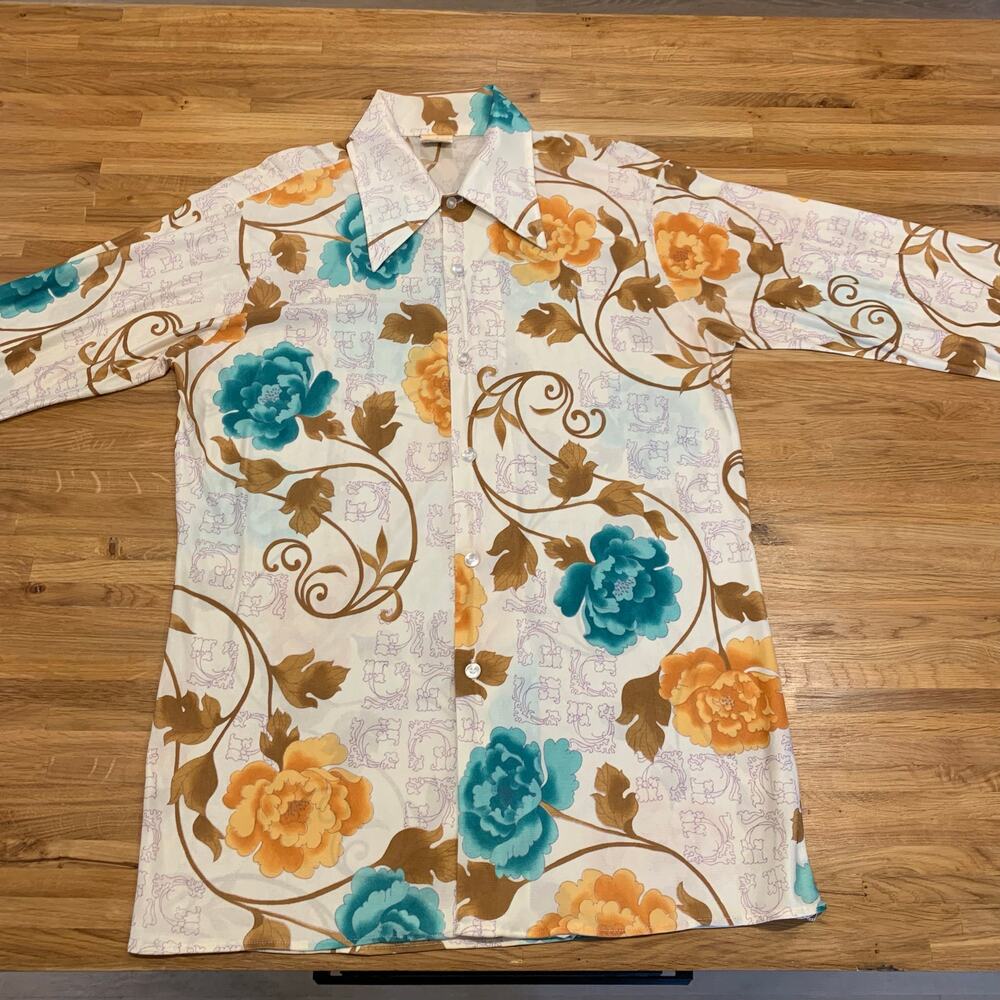 Vintage 1970s Brioso Floral Disco Shirt Mens Medium Long Sleeve Hippie Button Up